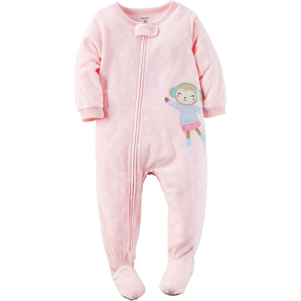 NEW Carter's Little Girls Ice Skating Monkey Plush Fleece Pink Pajama Sleeper